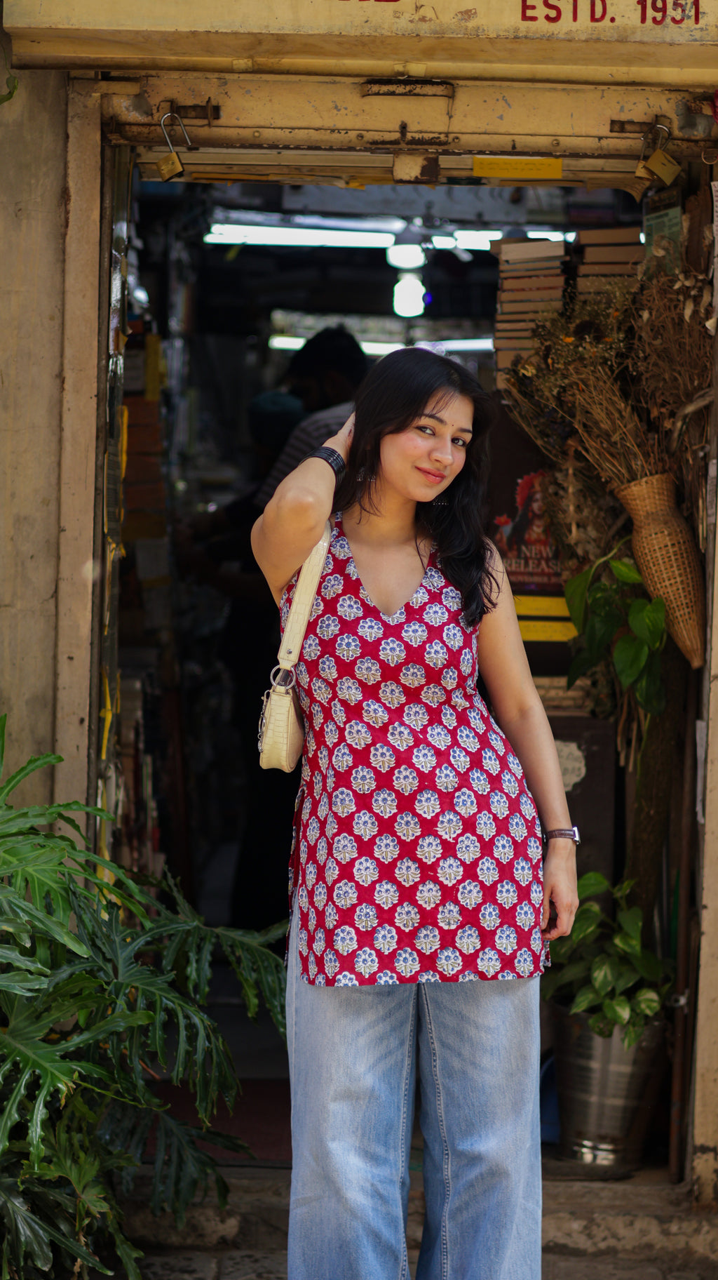 Jasmine Red Handblock Short Kurti