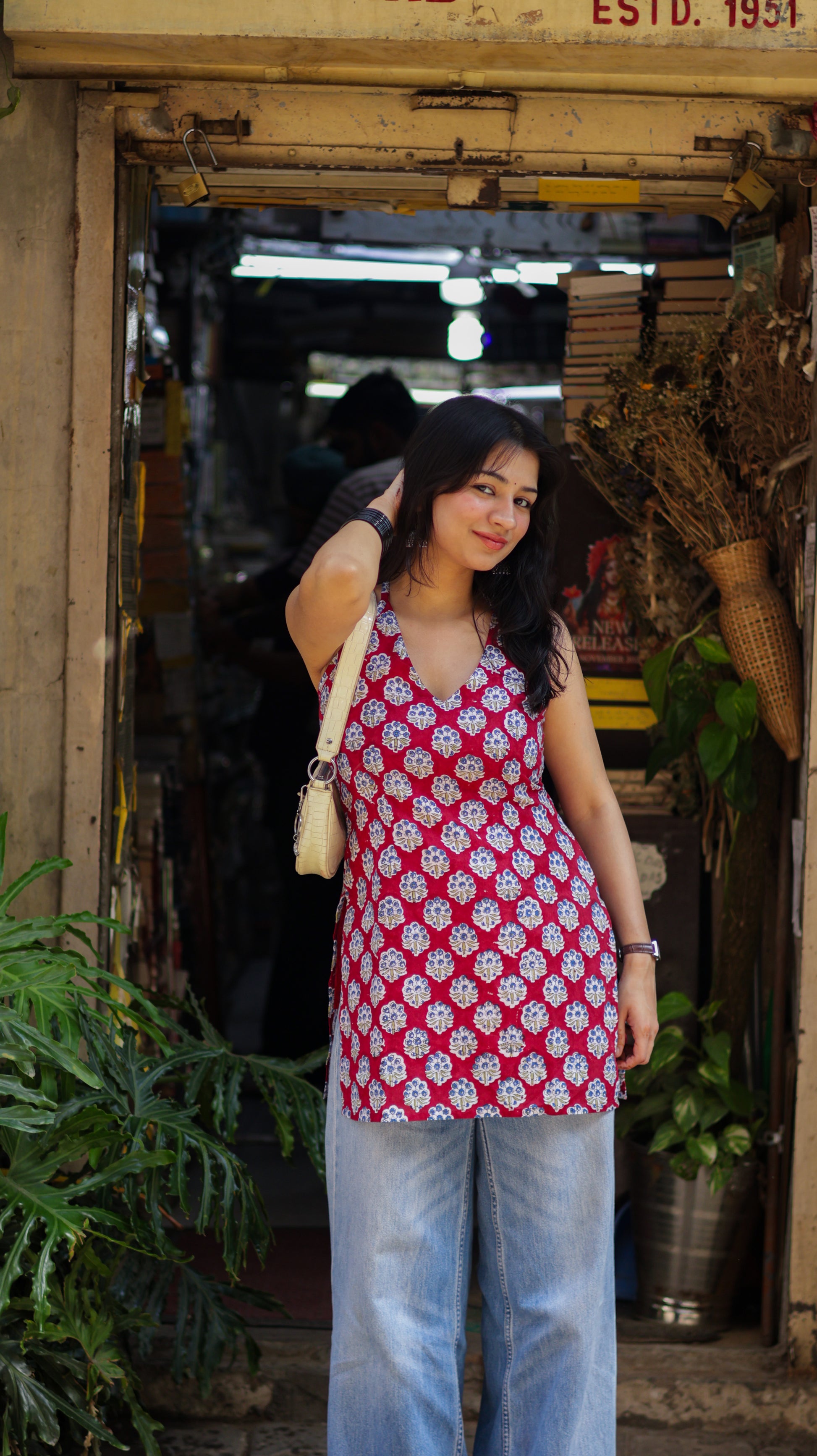 Jasmine Red Handblock Short Kurti