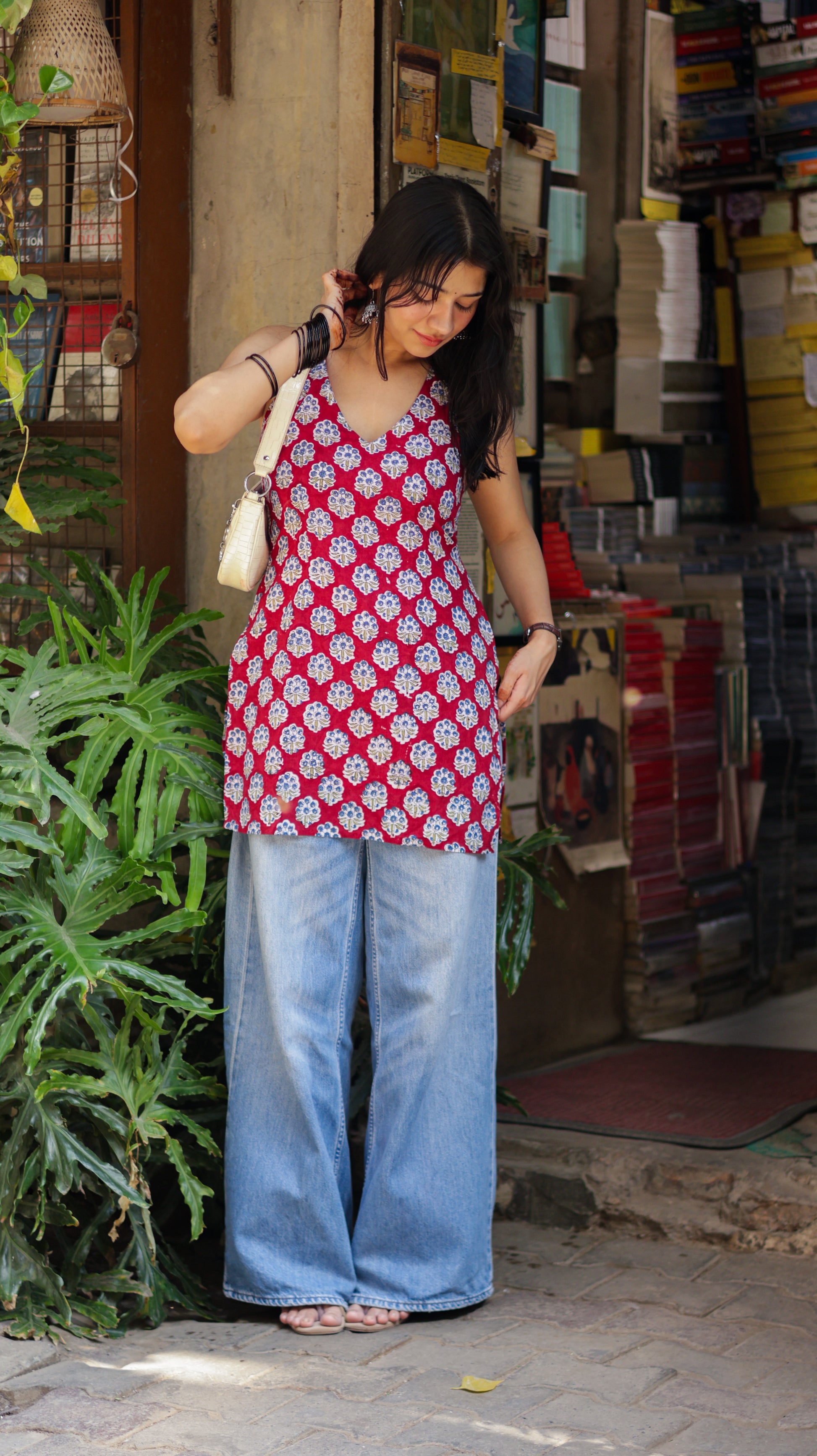 Jasmine Red Handblock Short Kurti