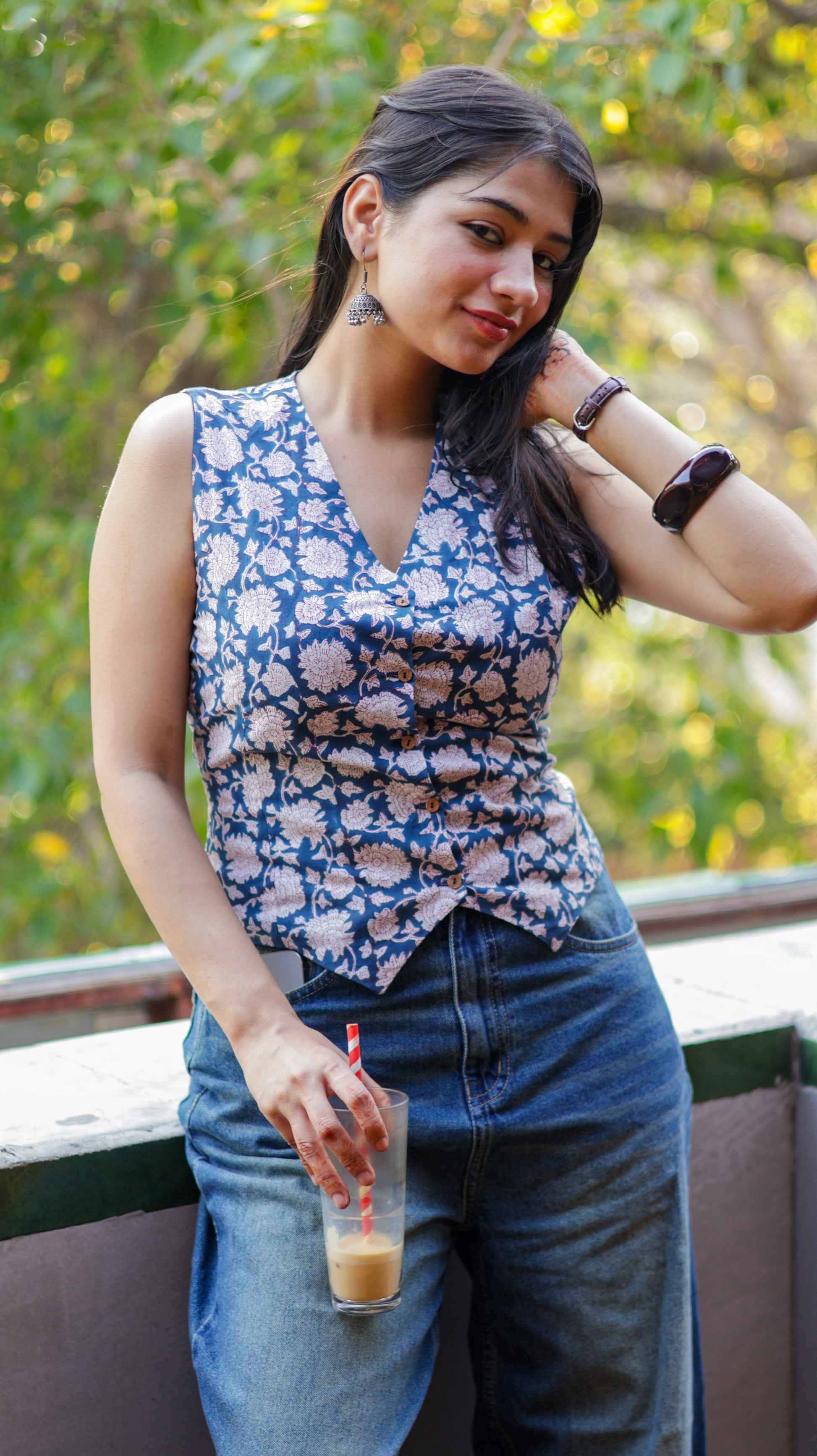 Blue White Hnadblock Waistcoat