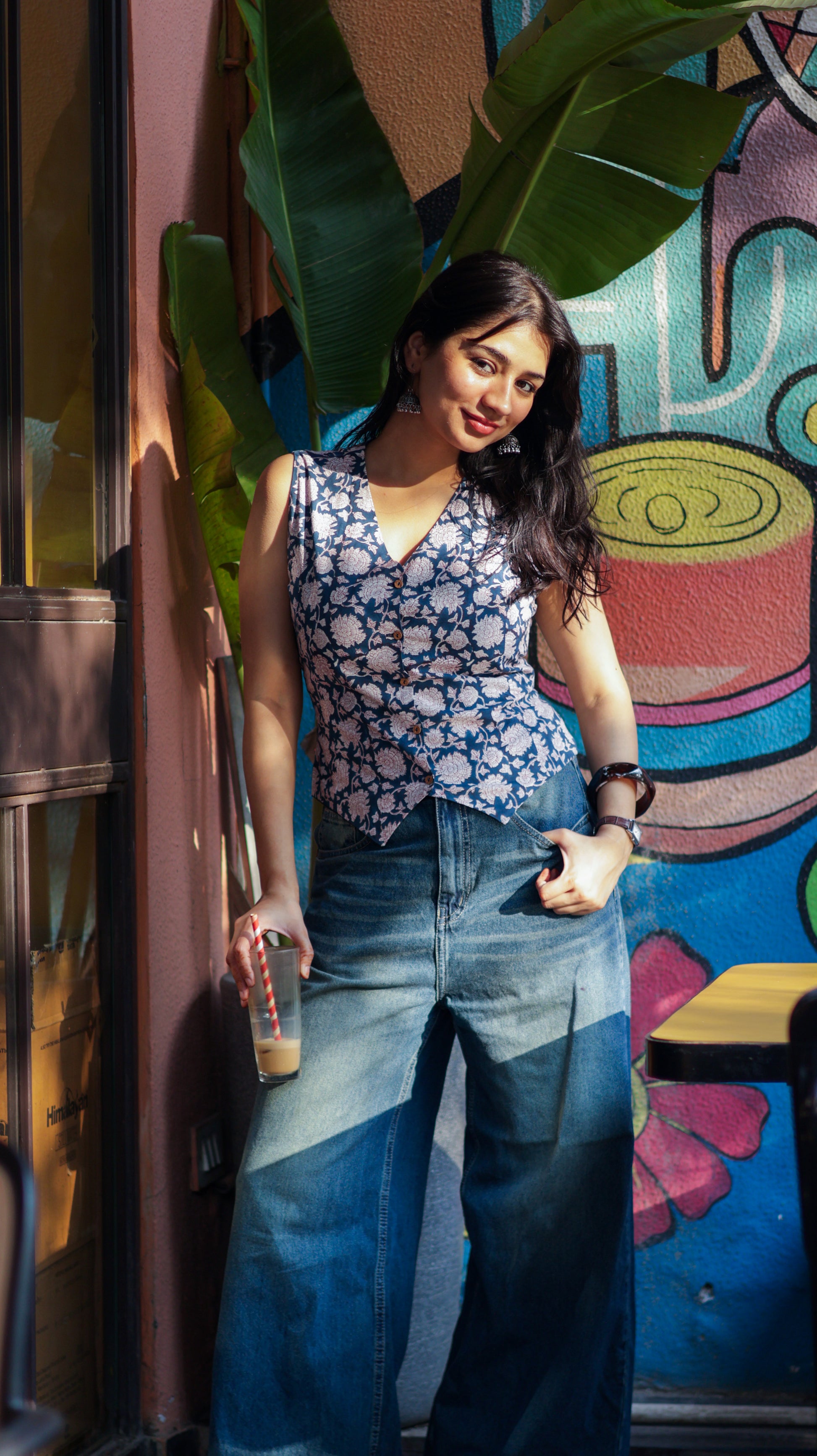 Blue White Hnadblock Waistcoat