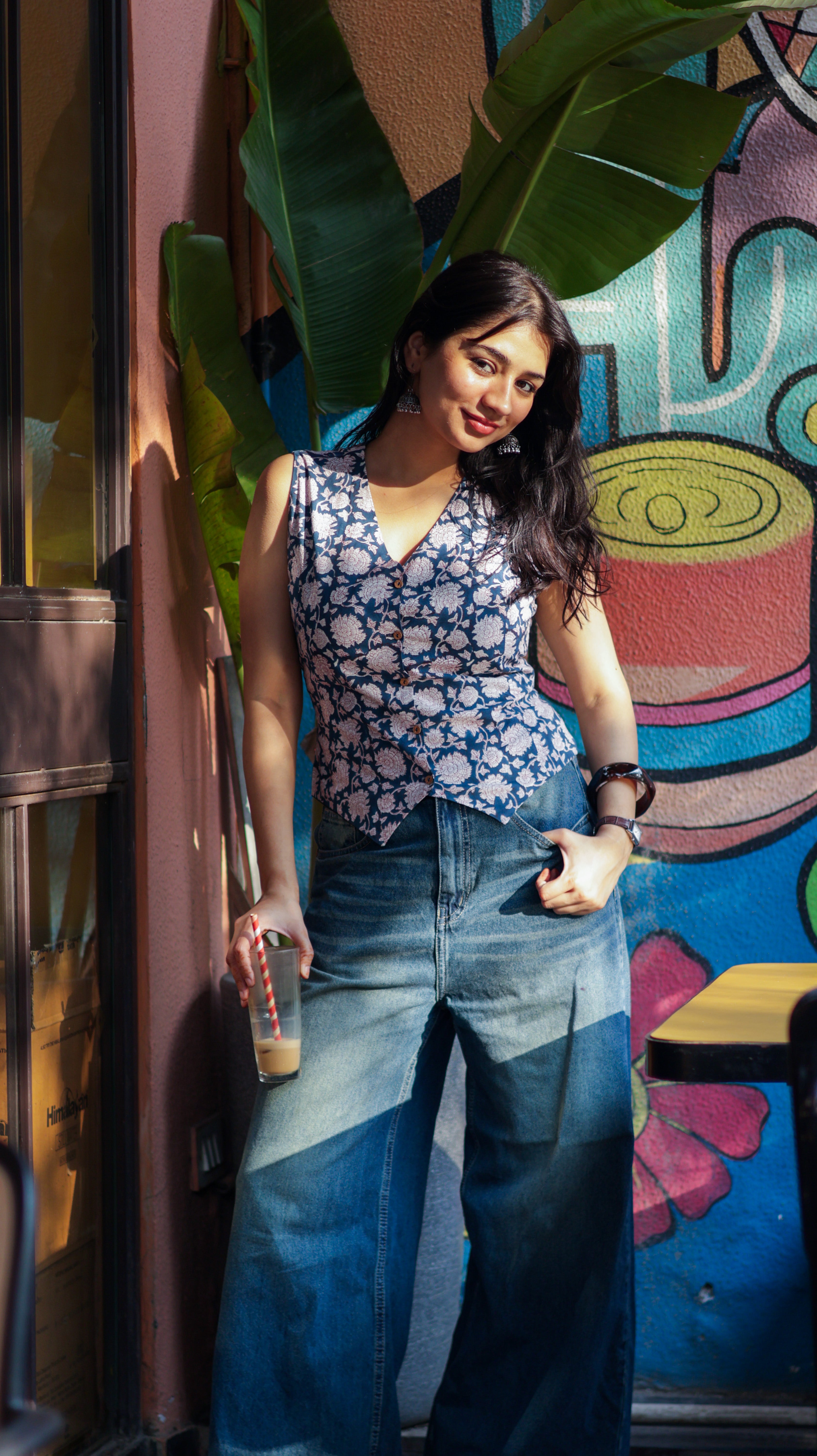 Blue White Hnadblock Waistcoat