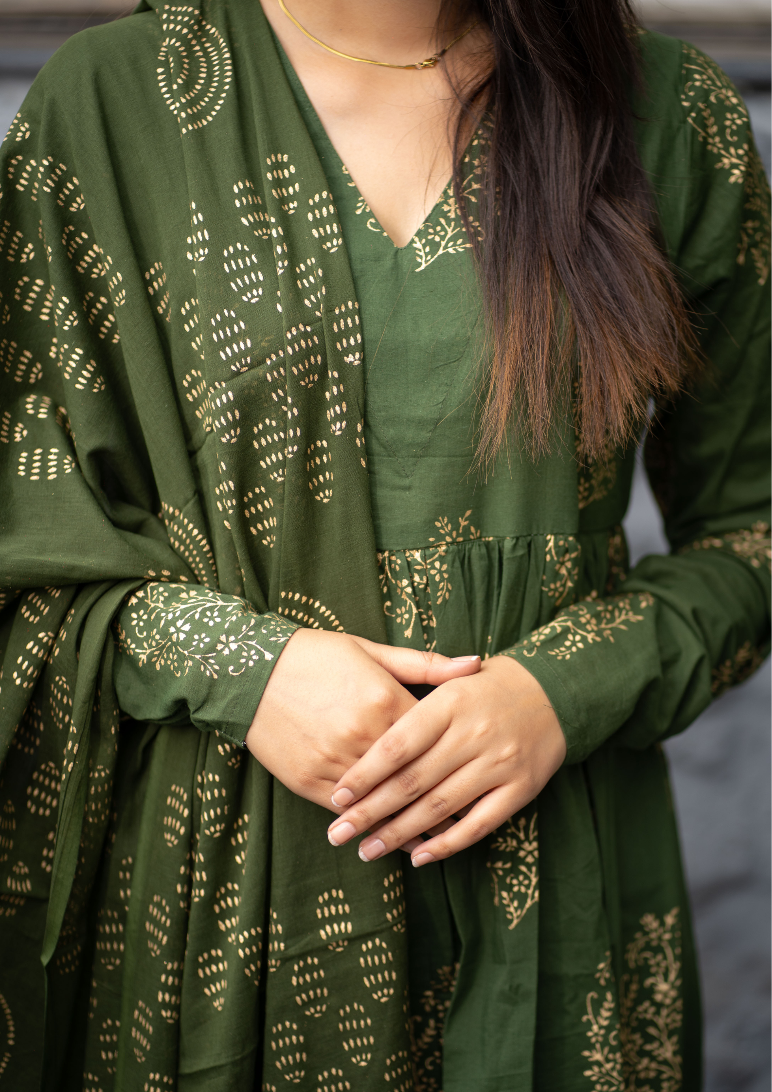 Green Block‑Printed Cotton 3‑Piece Set with Mulmul Dupatta