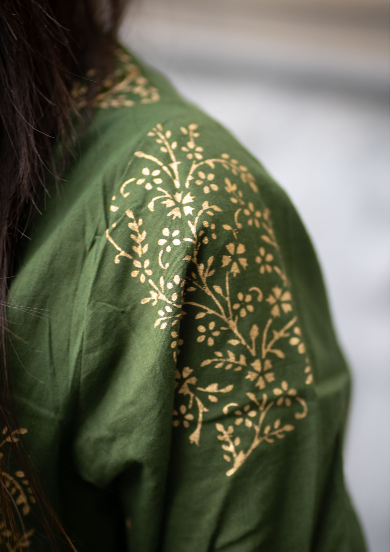Green Block‑Printed Cotton 3‑Piece Set with Mulmul Dupatta