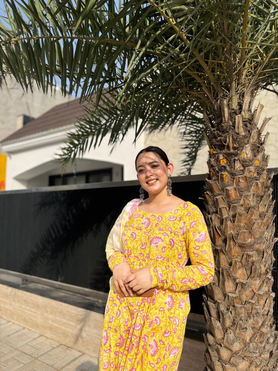 Yellow Hand‑Block Printed Cotton 3‑Piece Set with Mulmul Dupatta