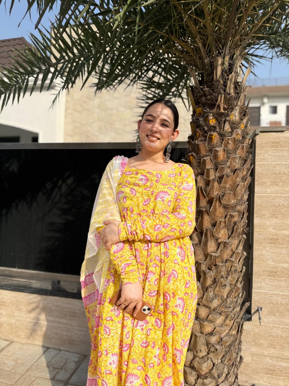 Yellow Hand‑Block Printed Cotton 3‑Piece Set with Mulmul Dupatta