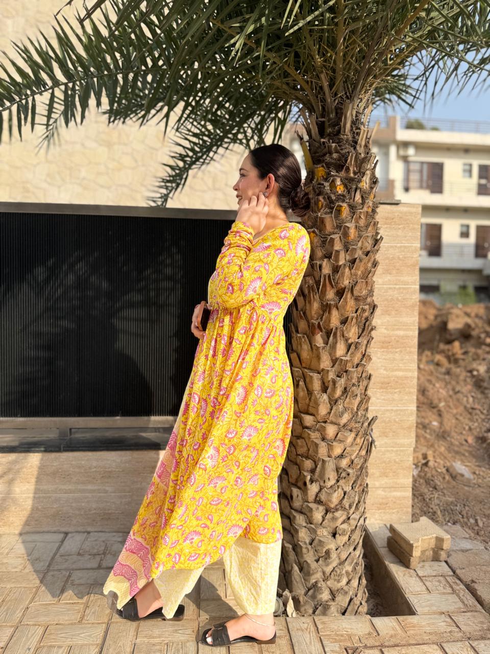 Yellow Hand‑Block Printed Cotton 3‑Piece Set with Mulmul Dupatta