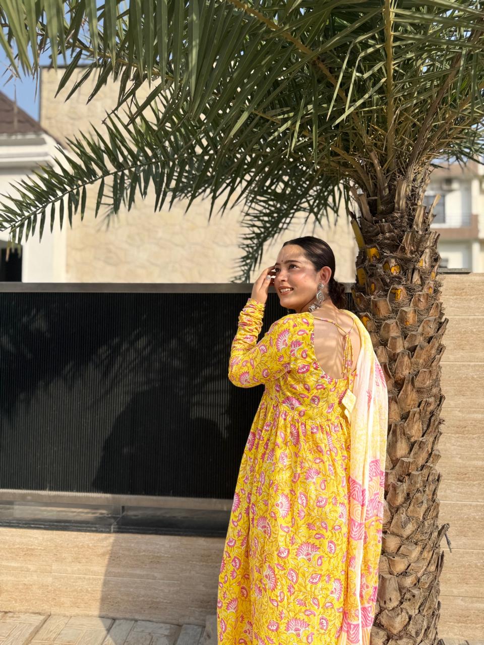 Yellow Hand‑Block Printed Cotton 3‑Piece Set with Mulmul Dupatta